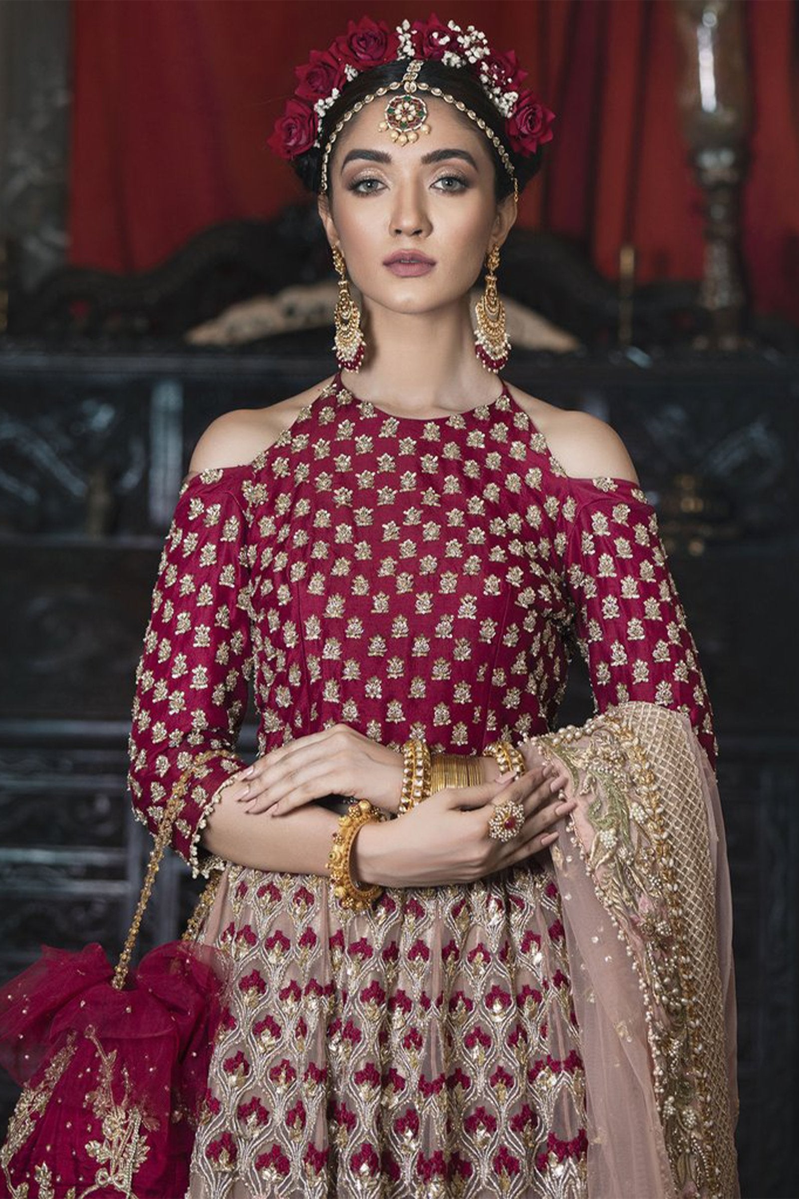 Pakistani Scarlet & Pastel Pink Zardozi Raw Silk Lehenga (3-Piece) - Image 2