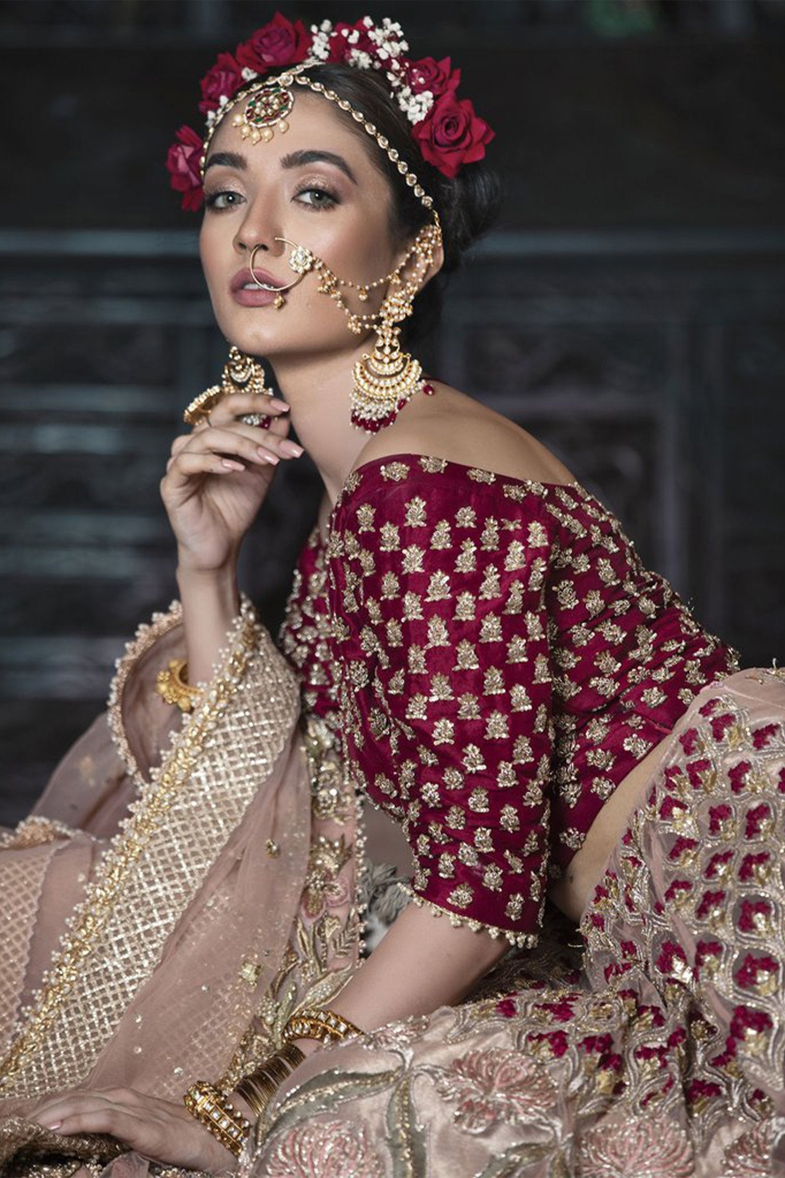 Pakistani Scarlet & Pastel Pink Zardozi Raw Silk Lehenga (3-Piece) - Image 3