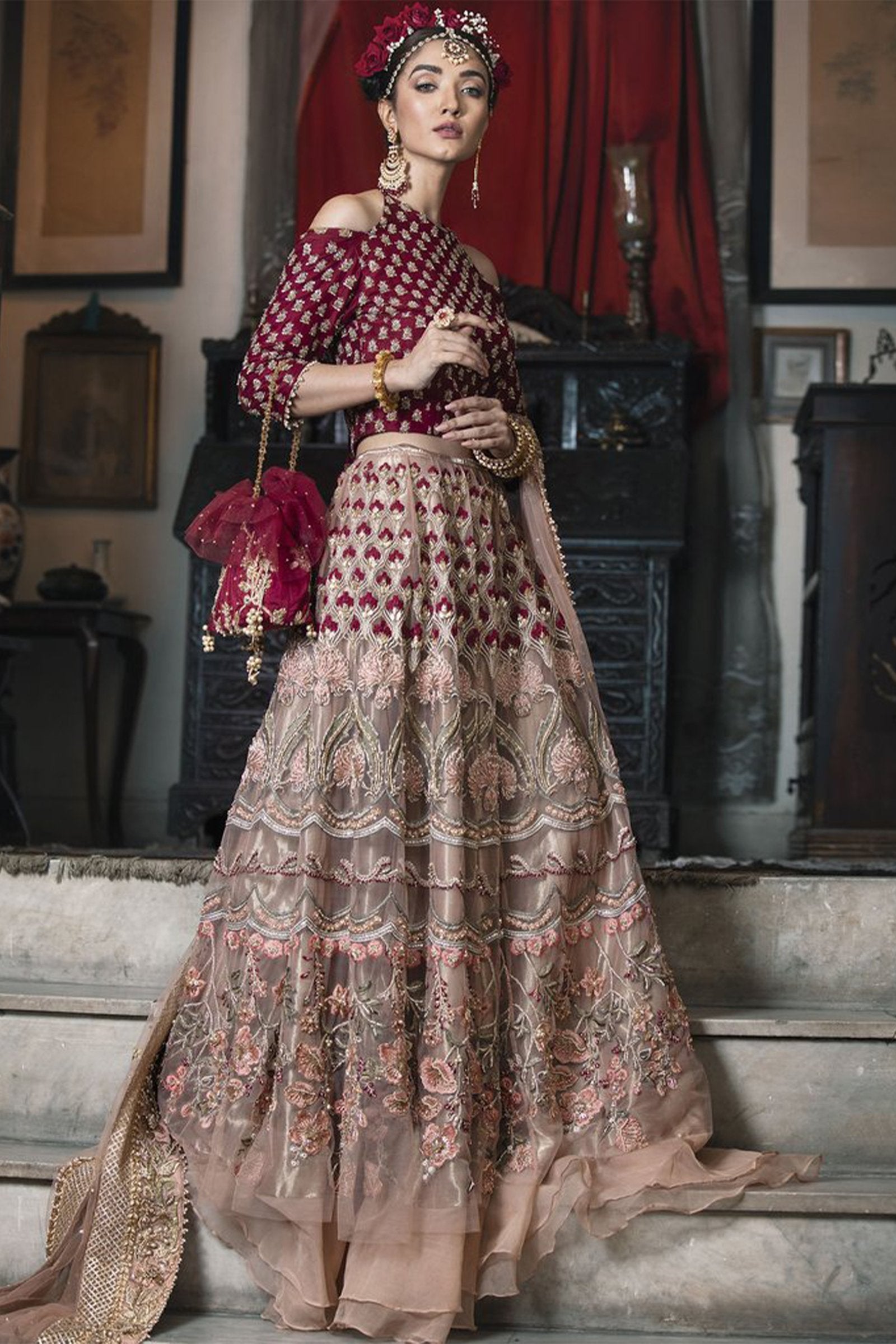 Pakistani Scarlet & Pastel Pink Zardozi Raw Silk Lehenga (3-Piece) - Image 4