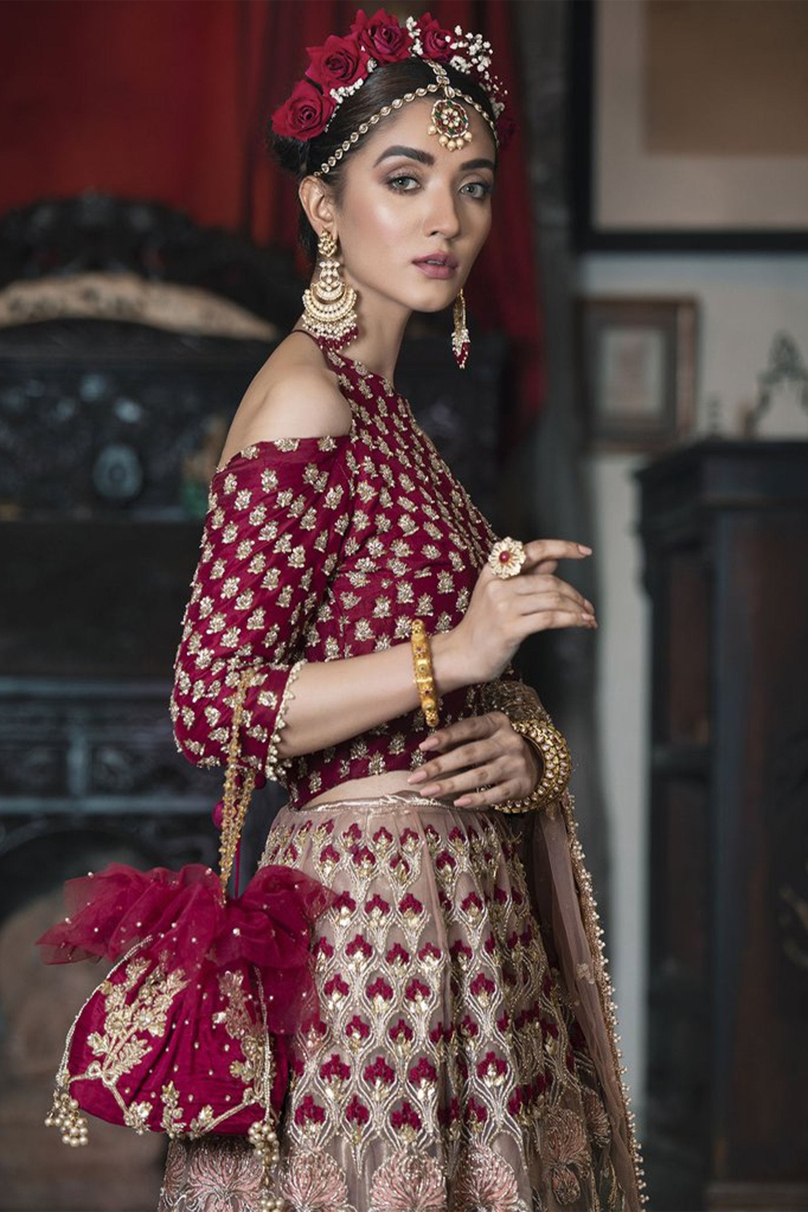 Pakistani Scarlet & Pastel Pink Zardozi Raw Silk Lehenga (3-Piece) - Image 5