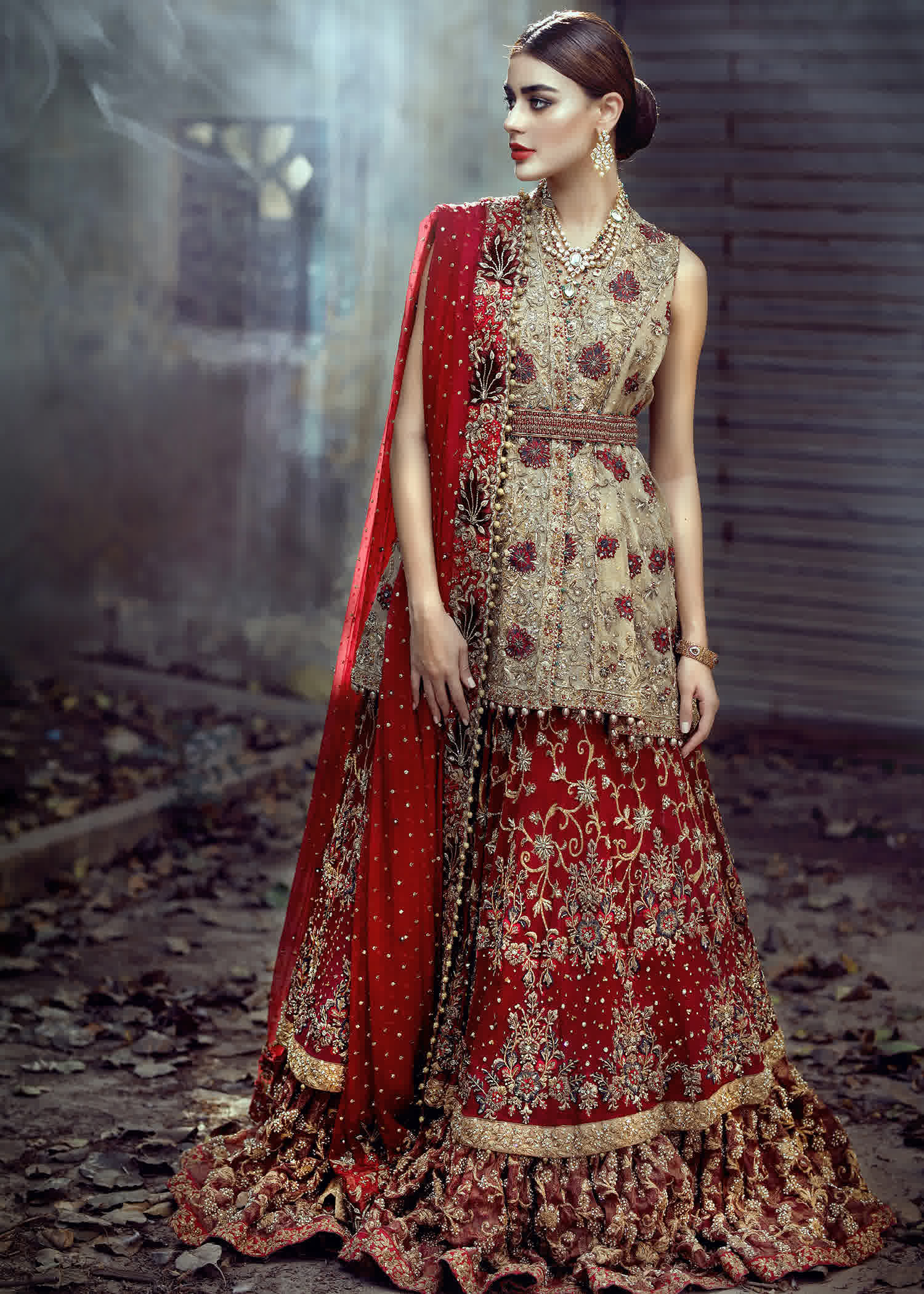Deep Red Gold Embellished Raw Silk Bridal Lehenga (3-Piece) - Image 1