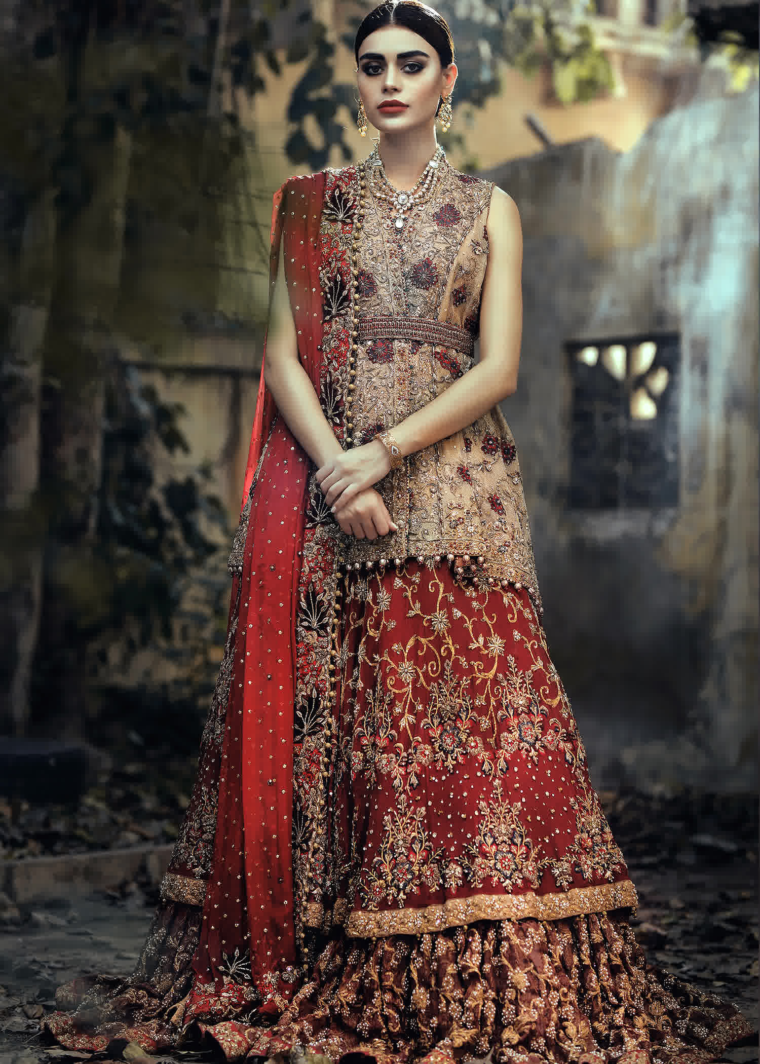Deep Red Gold Embellished Raw Silk Bridal Lehenga (3-Piece) - Image 2