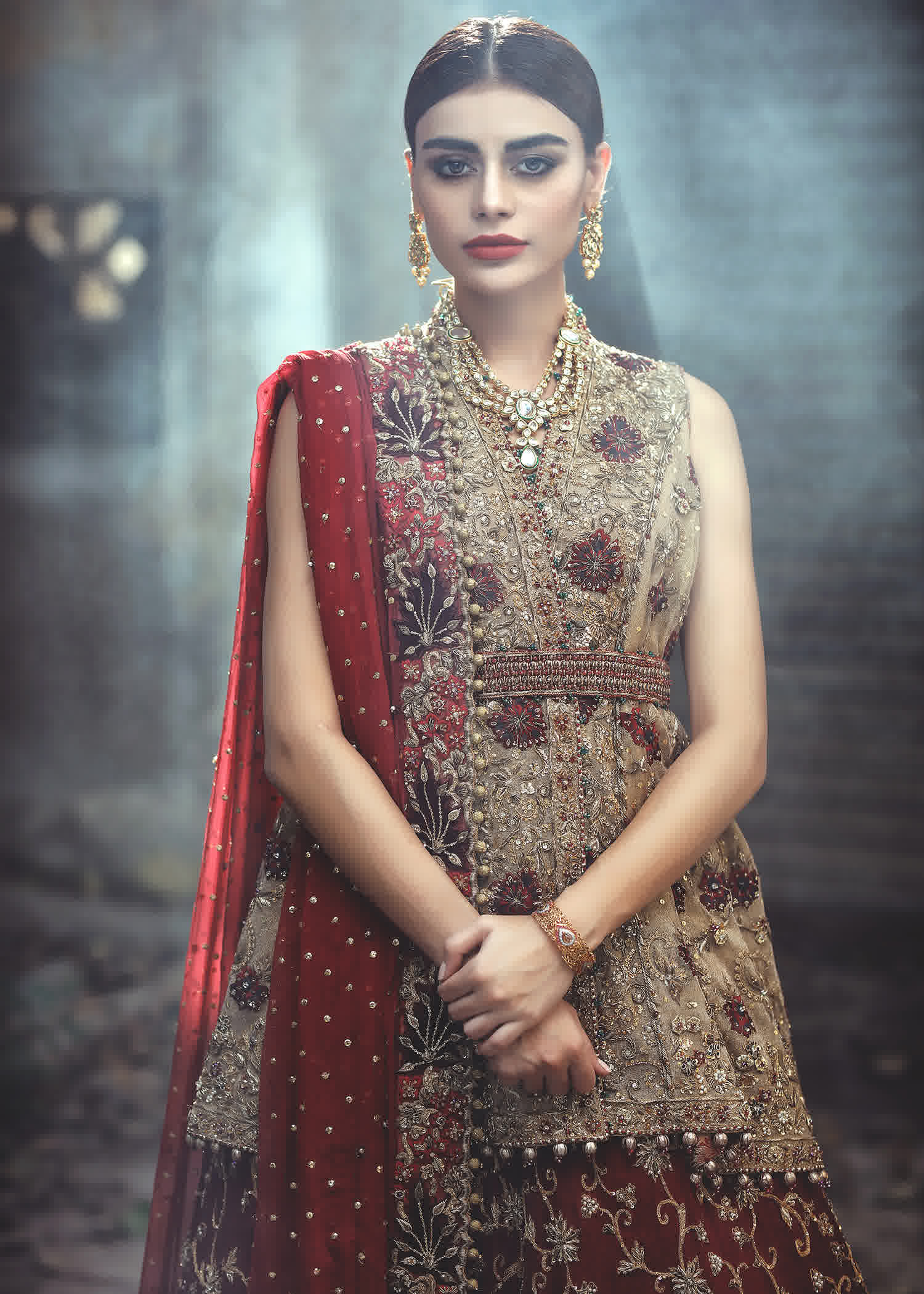 Deep Red Gold Embellished Raw Silk Bridal Lehenga (3-Piece) - Image 3