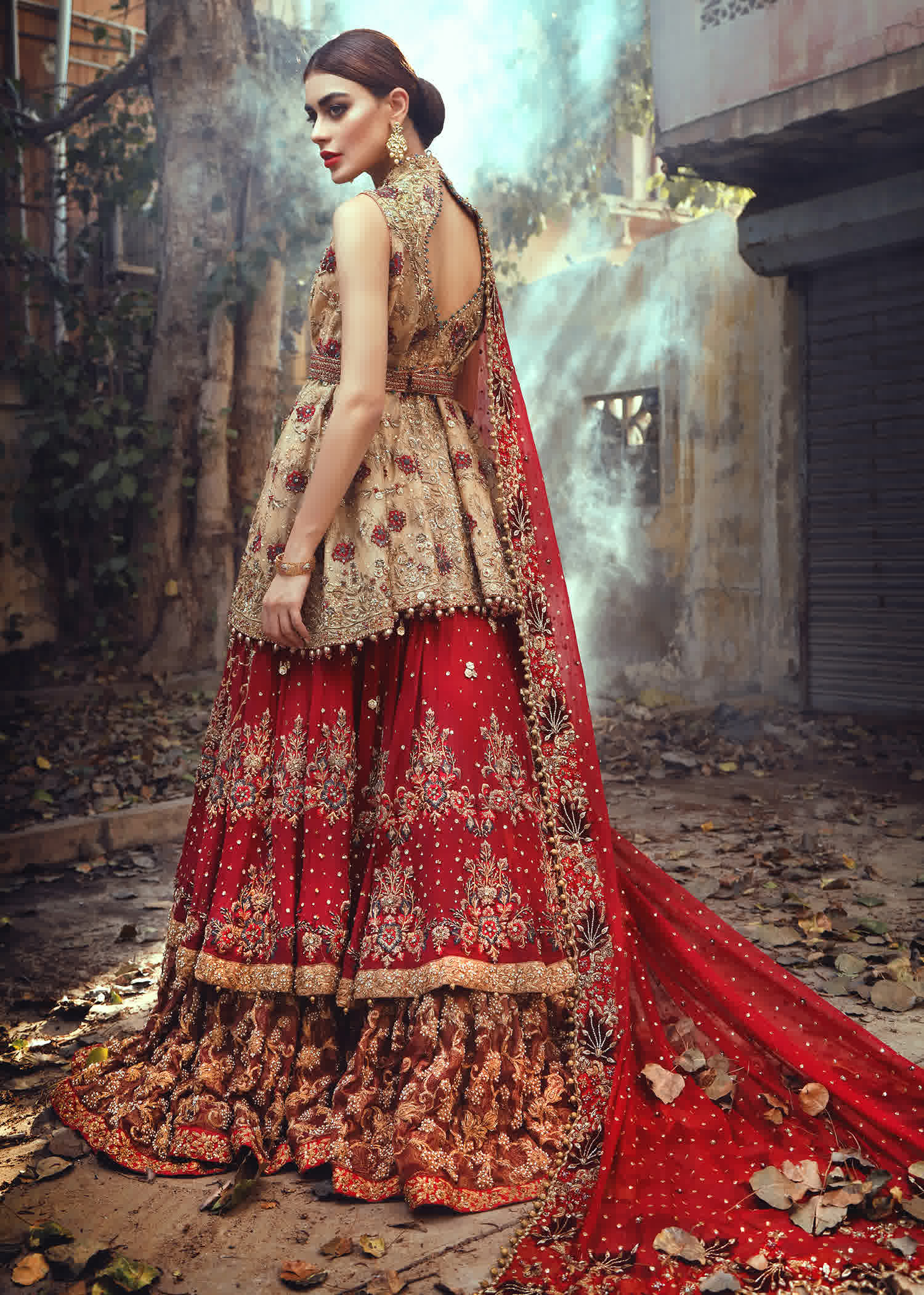 Deep Red Gold Embellished Raw Silk Bridal Lehenga (3-Piece) - Image 4