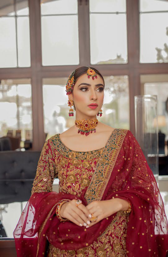 Red Zardozi Raw Silk Lehenga Dress (3-Piece) - Image 3