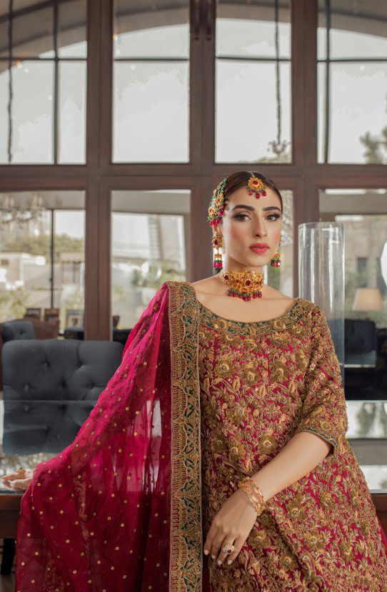 Red Zardozi Raw Silk Lehenga Dress (3-Piece) - Image 4