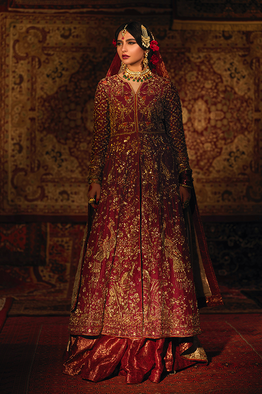 Pakistani Deep Crimson Zardozi PK Raw Silk Kalidaar Lehenga (3-Piece) - Image 2
