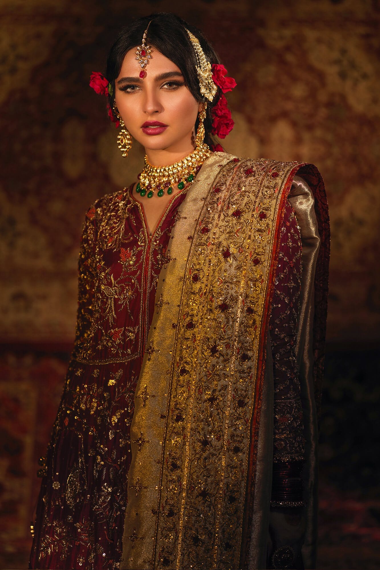 Pakistani Deep Crimson Zardozi PK Raw Silk Kalidaar Lehenga (3-Piece) - Image 3