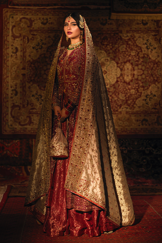 Pakistani Deep Crimson Zardozi PK Raw Silk Kalidaar Lehenga (3-Piece) - Image 4