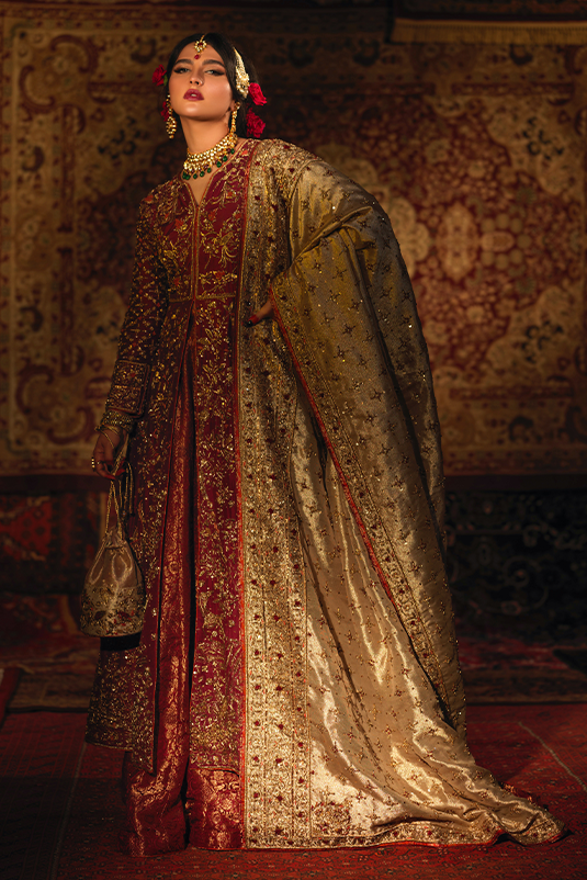 Pakistani Deep Crimson Zardozi PK Raw Silk Kalidaar Lehenga (3-Piece) - Image 5