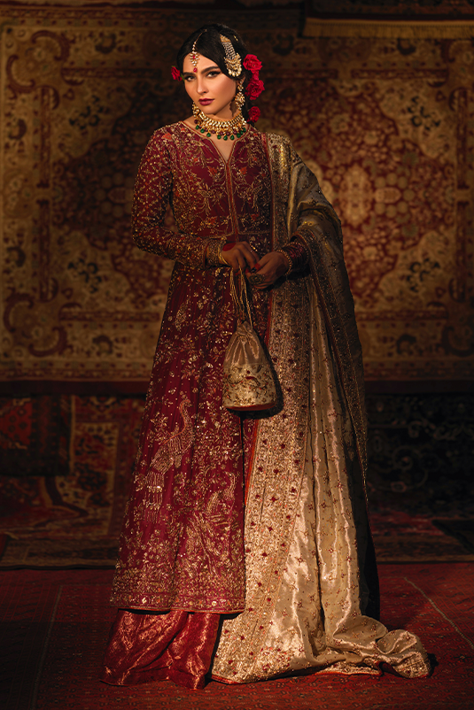 Pakistani Deep Crimson Zardozi PK Raw Silk Kalidaar Lehenga (3-Piece) - Image 6