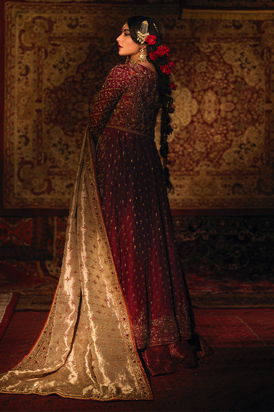 Pakistani Deep Crimson Zardozi PK Raw Silk Kalidaar Lehenga (3-Piece) - Image 7