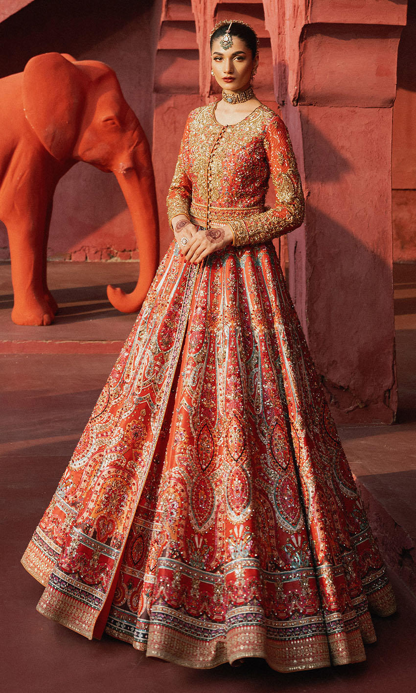 Pakistani Watermelon Zardozi Sequin Raw Silk Lehenga (2-Piece) - Image 1