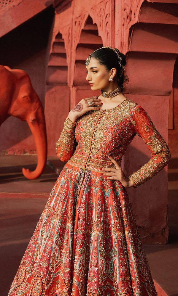Pakistani Watermelon Zardozi Sequin Raw Silk Lehenga (2-Piece) - Image 3