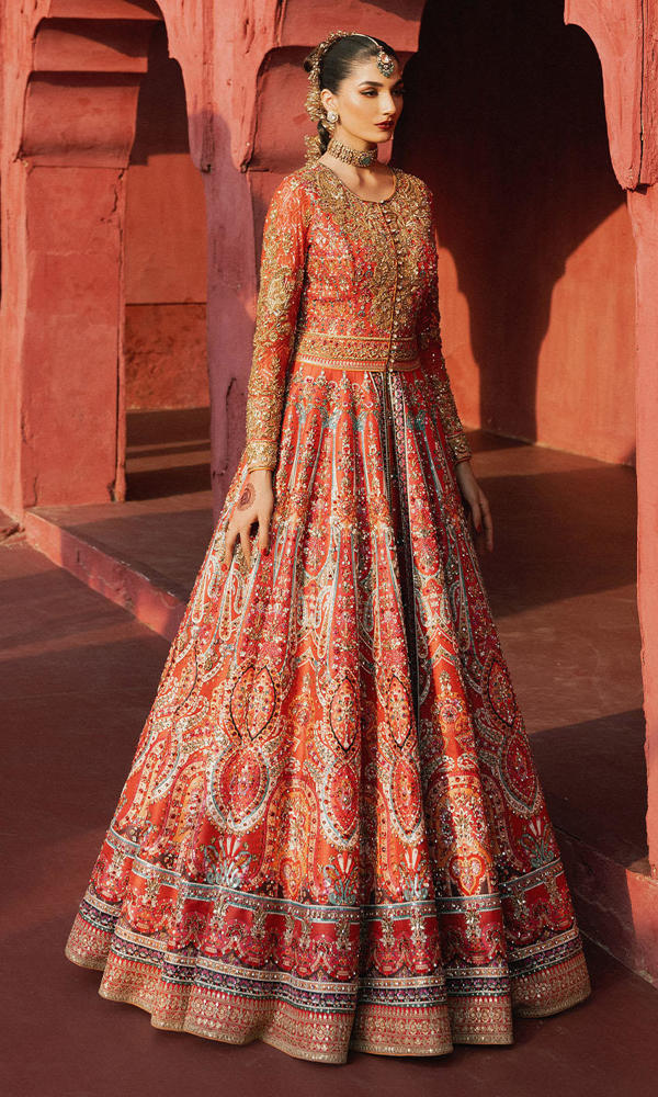 Pakistani Watermelon Zardozi Sequin Raw Silk Lehenga (2-Piece) - Image 4