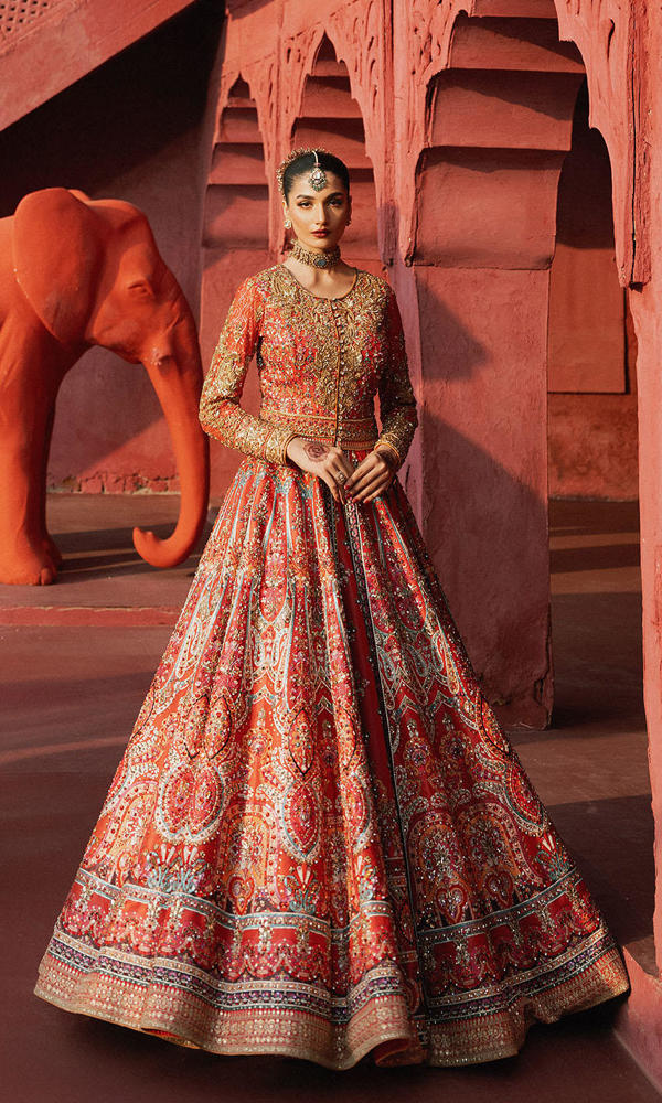 Pakistani Watermelon Zardozi Sequin Raw Silk Lehenga (2-Piece) - Image 5