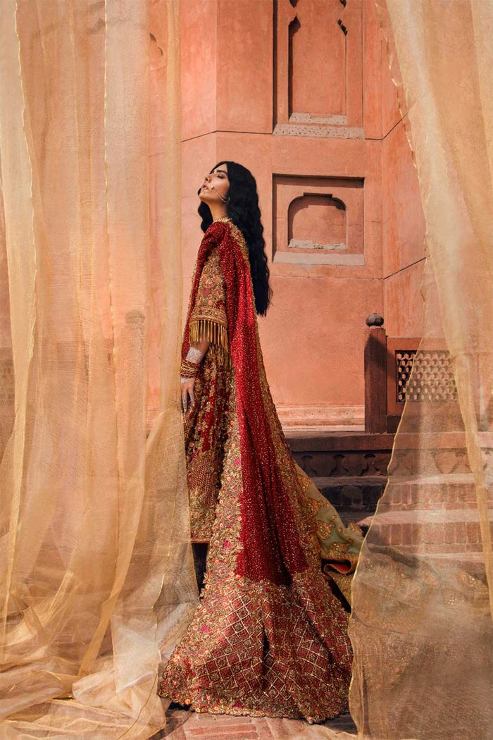 Pakistani Deep Red Gold Embroidered Raw Silk Bridal Lehenga (3-Piece) - Image 1