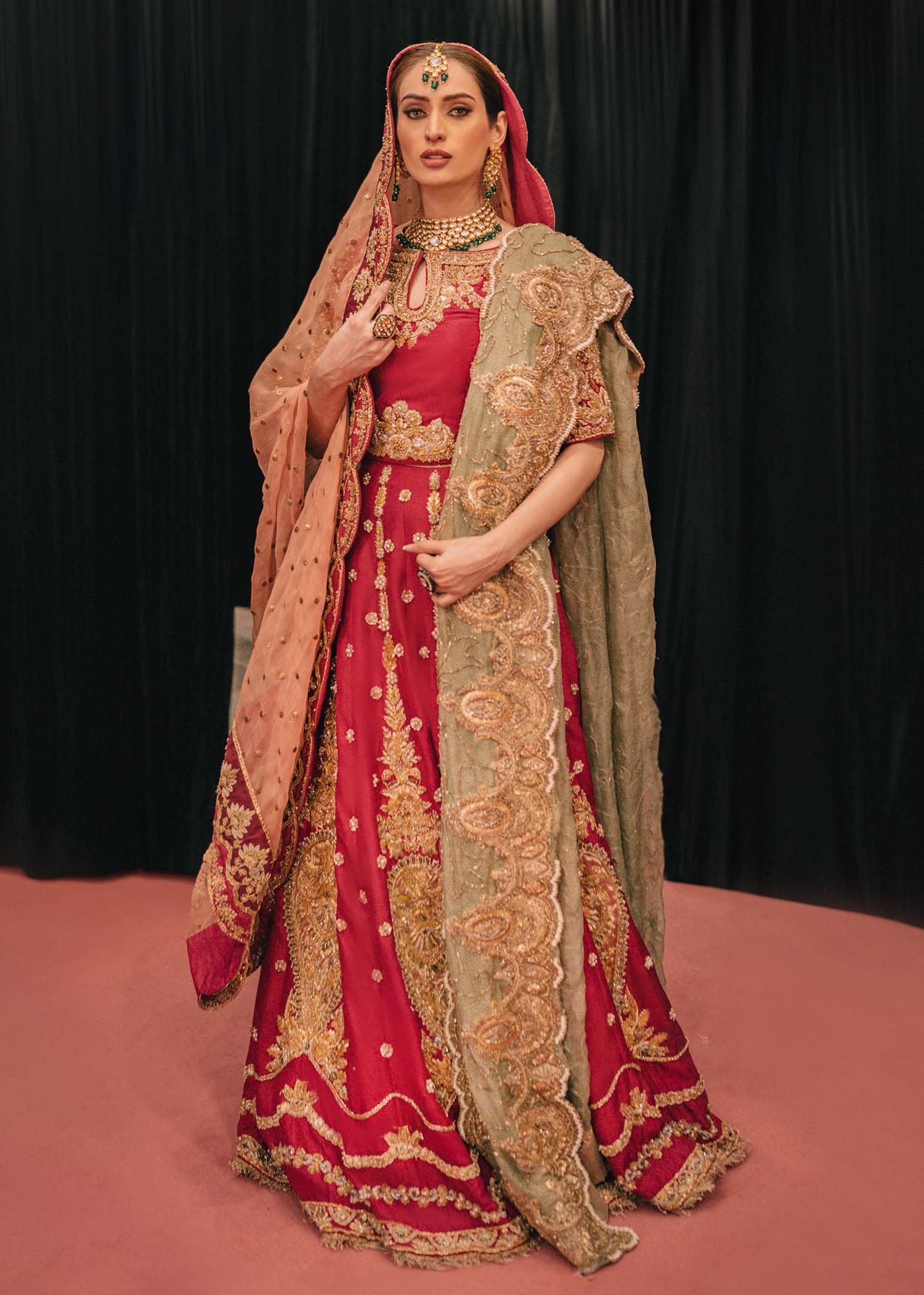 Pakistani Red Embroidered Raw Silk Bridal Lehenga Choli (3-Piece) - Image 1