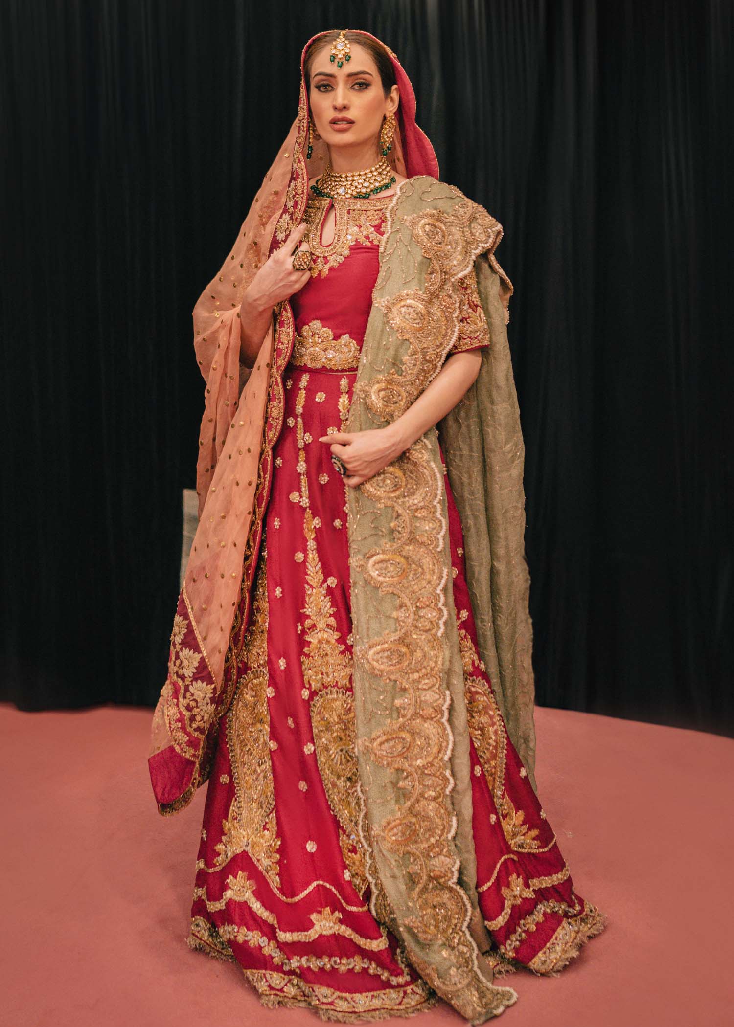 Pakistani Red Embroidered Raw Silk Bridal Lehenga Choli (3-Piece) - Image 3