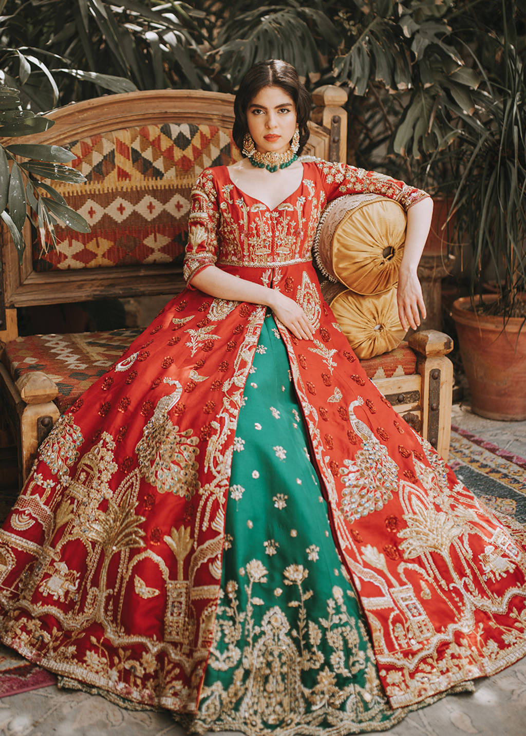 Pakistani Crimson Red Zardozi Raw Silk Pishwas Dress (3-Piece) - Image 1