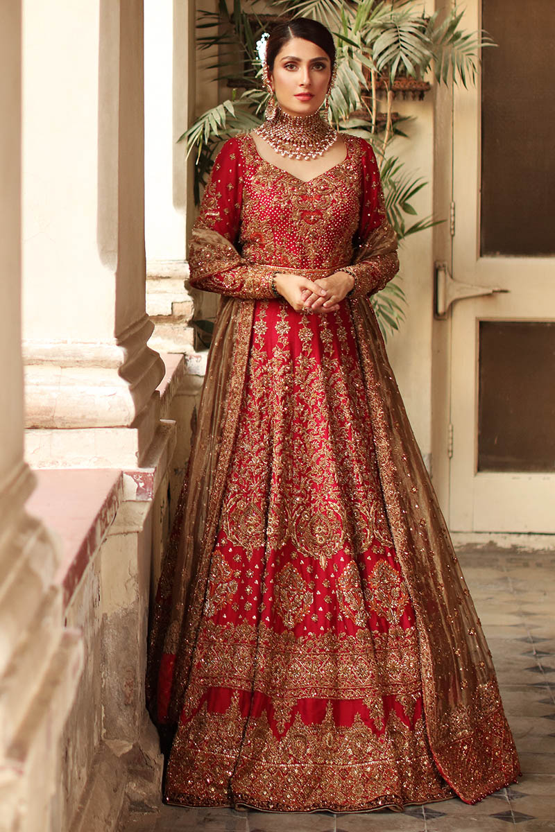 Pakistani Red Embroidered Raw Silk Lehenga (3-Piece) - Image 1