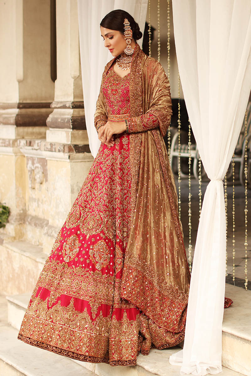Pakistani Red Embroidered Raw Silk Lehenga (3-Piece) - Image 5