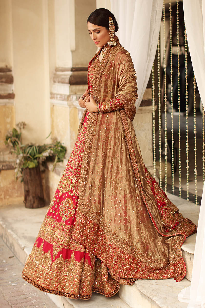 Pakistani Red Embroidered Raw Silk Lehenga (3-Piece) - Image 6