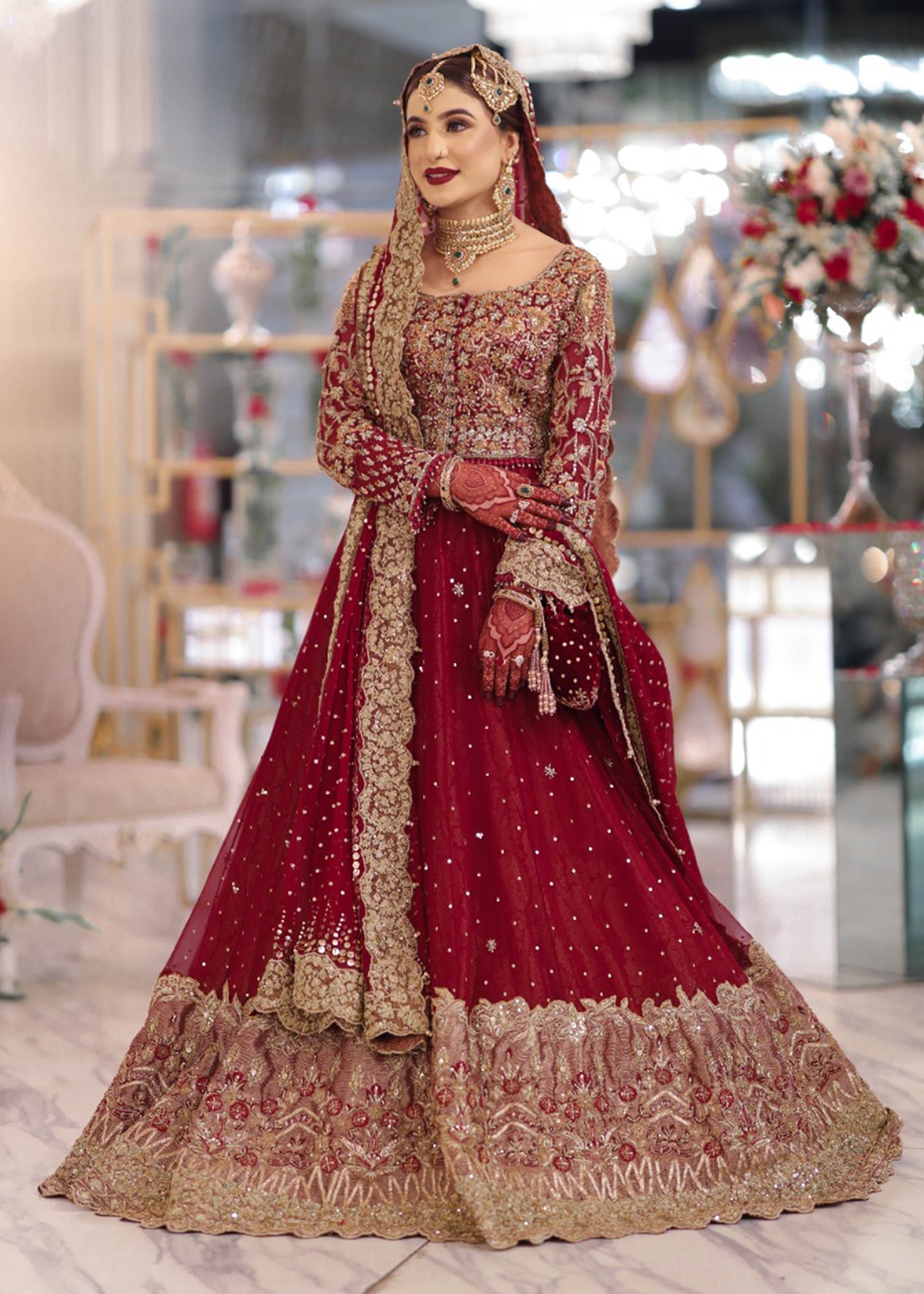 Deep Red Zardozi Raw Silk Bridal Lehenga (3-Piece) - Image 1