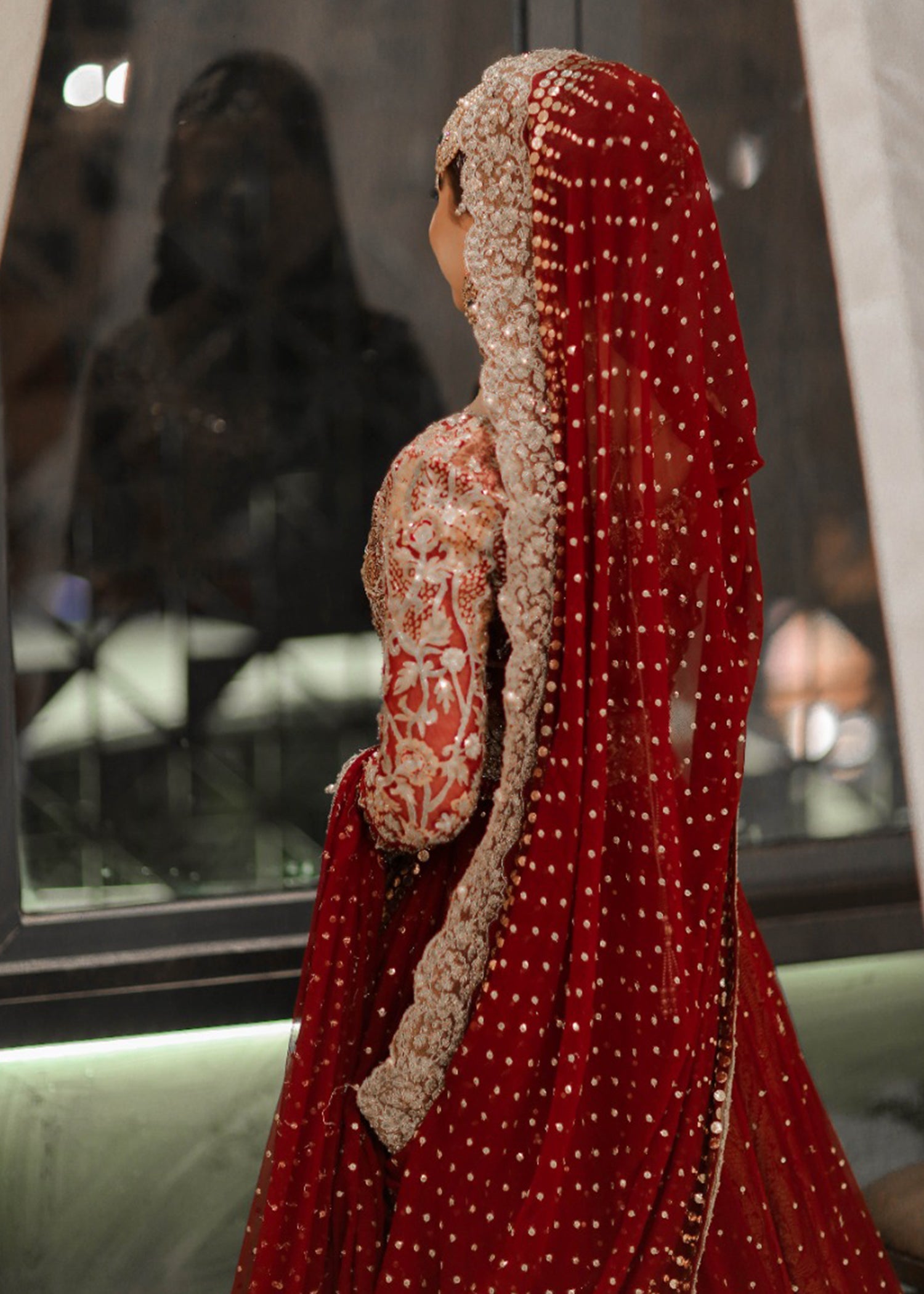 Deep Red Zardozi Raw Silk Bridal Lehenga (3-Piece) - Image 3