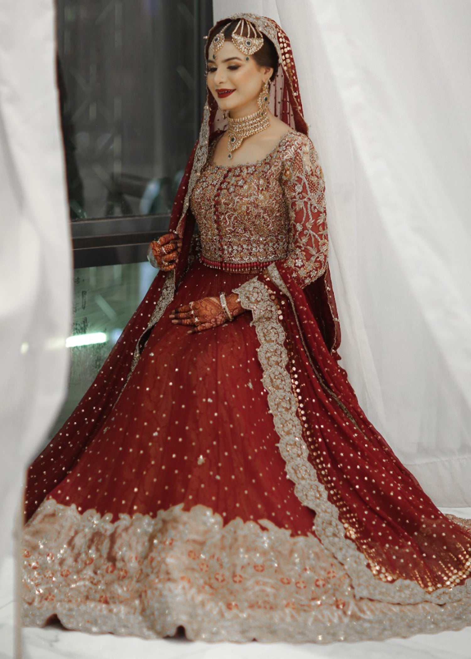Deep Red Zardozi Raw Silk Bridal Lehenga (3-Piece) - Image 6