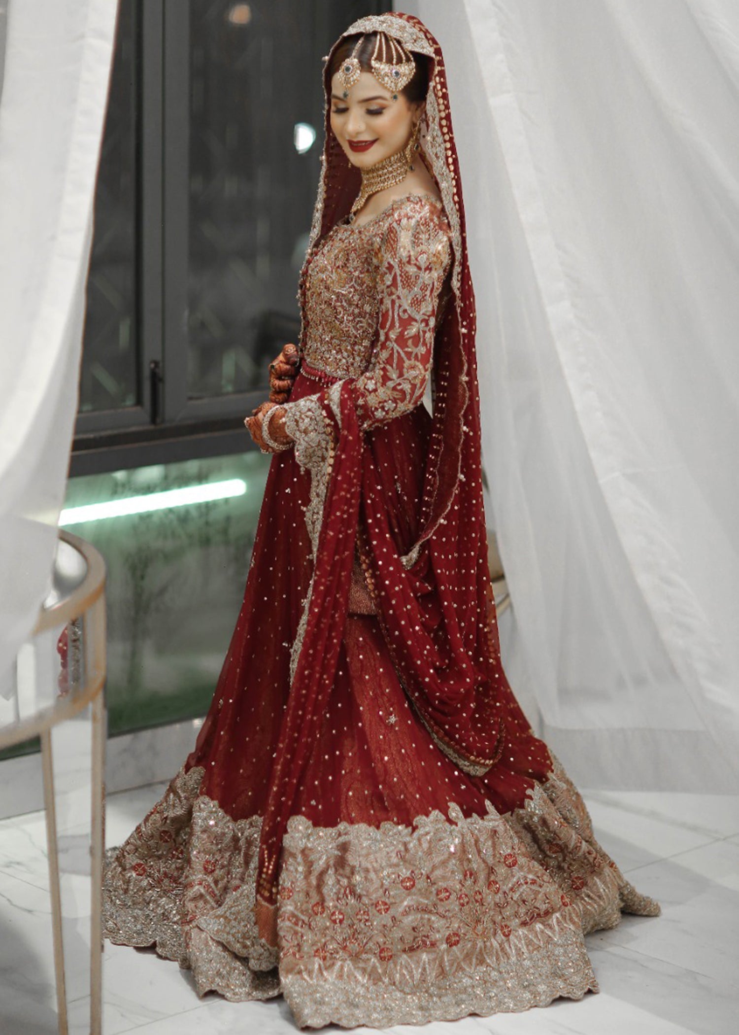 Deep Red Zardozi Raw Silk Bridal Lehenga (3-Piece) - Image 7
