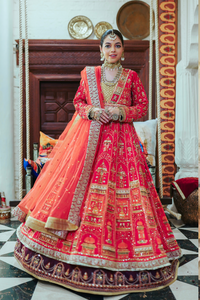 Multicolour Architectural Embroidered Raw Silk Bridal Lehenga (3-Piece) - Image 2
