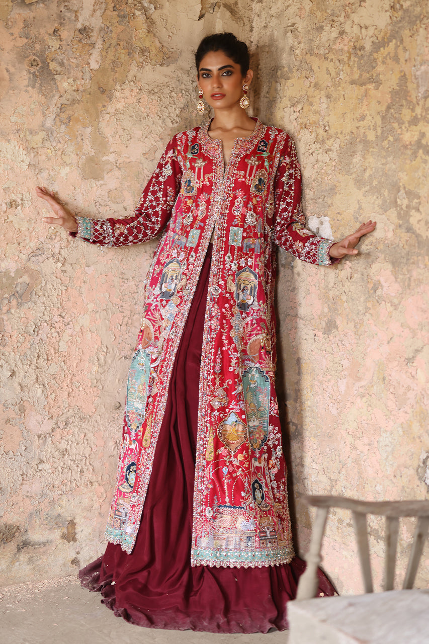 Pakistani Red Zardozi Raw Silk Lehenga Set (3-Piece) - Image 1