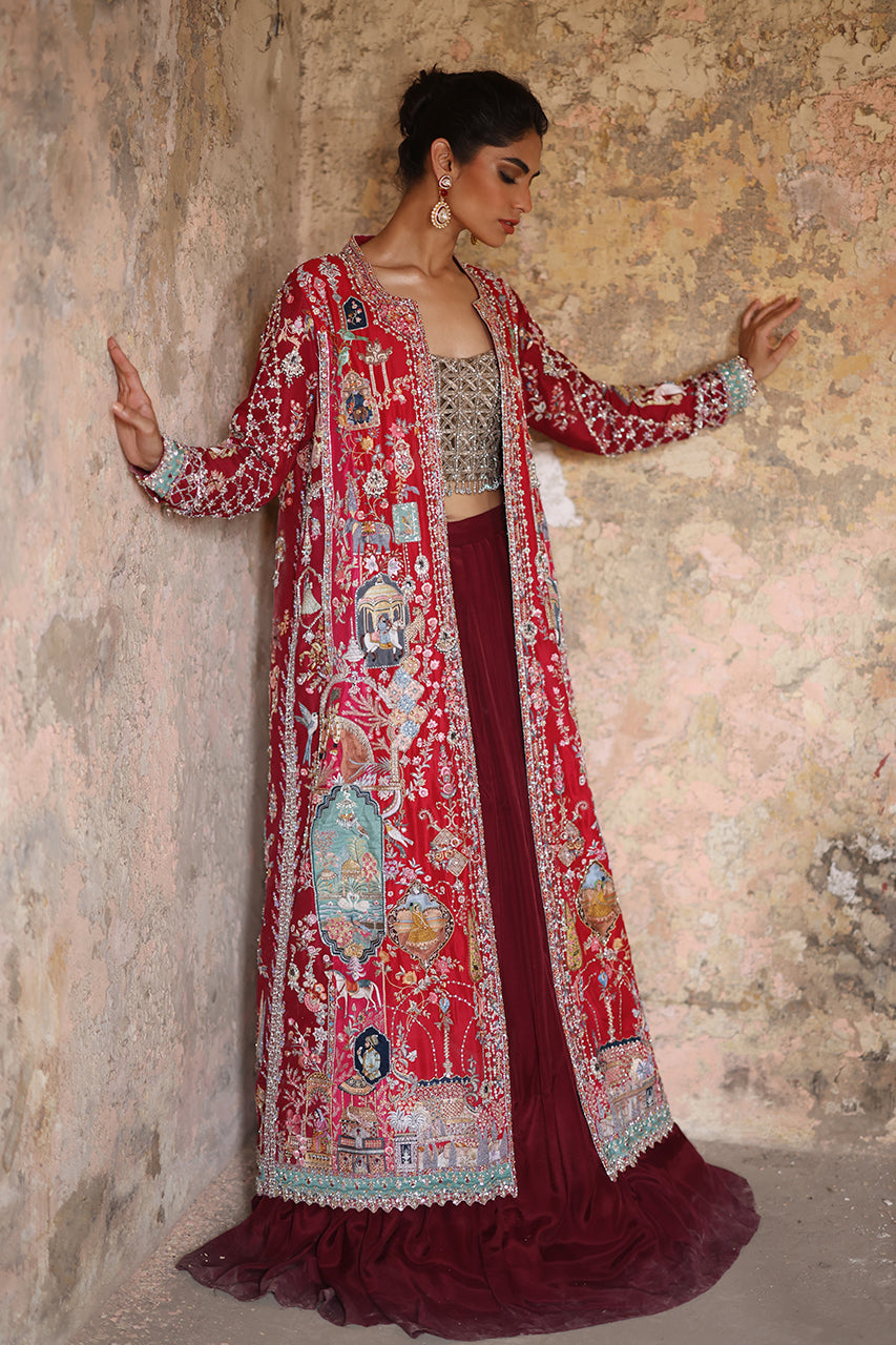 Pakistani Red Zardozi Raw Silk Lehenga Set (3-Piece) - Image 3