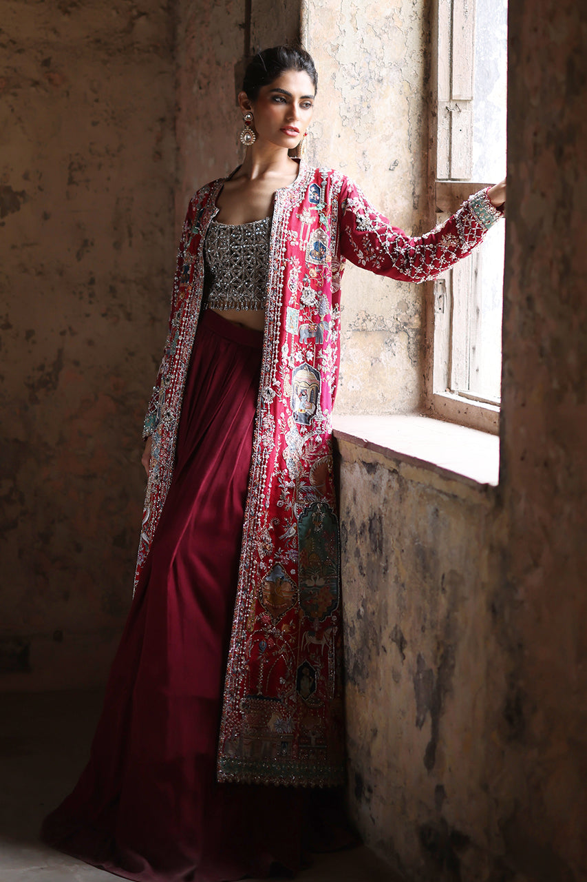 Pakistani Red Zardozi Raw Silk Lehenga Set (3-Piece) - Image 5