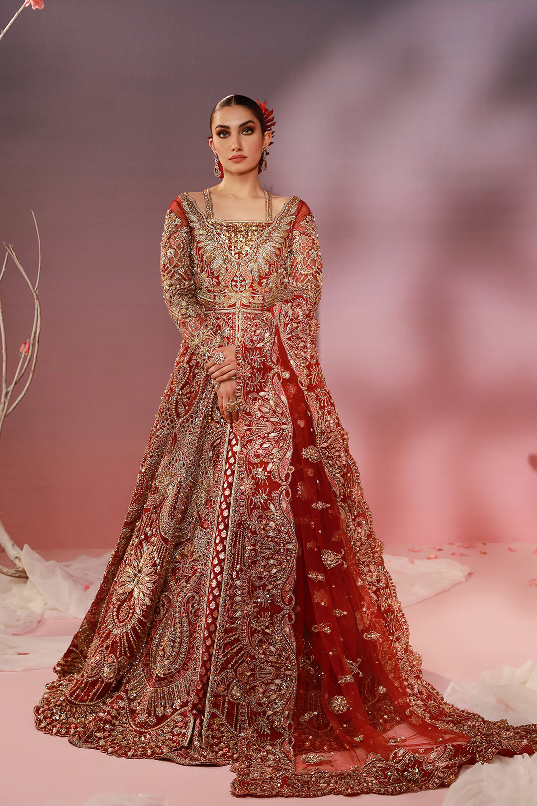 Pakistani Scarlet Red Embellished Raw Silk Bridal Lehenga (3-Piece) - Image 1