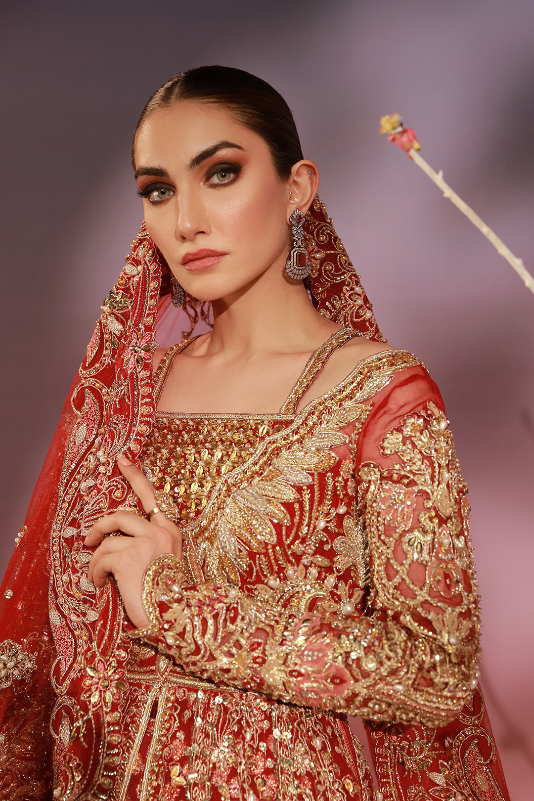Pakistani Scarlet Red Embellished Raw Silk Bridal Lehenga (3-Piece) - Image 2
