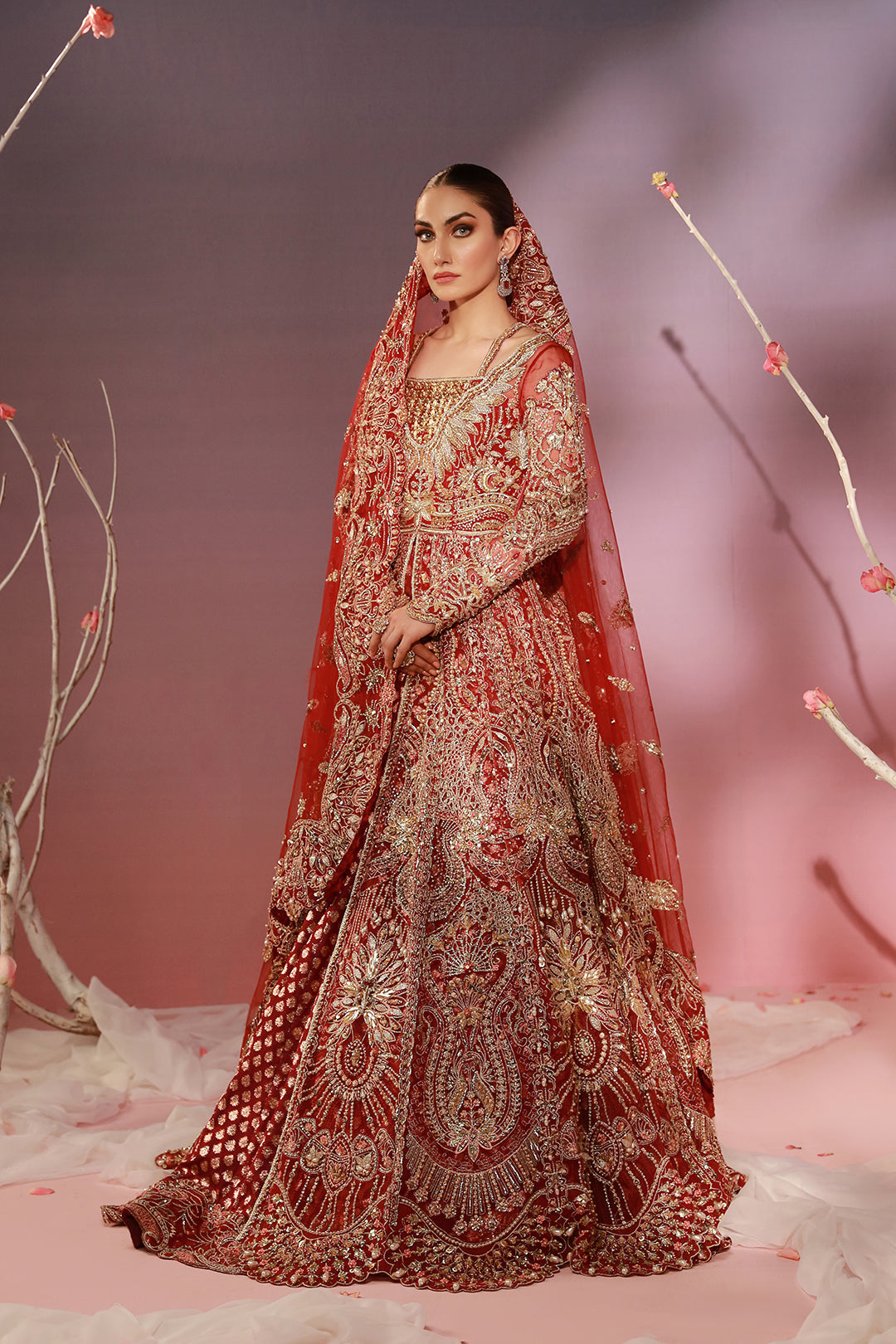 Pakistani Scarlet Red Embellished Raw Silk Bridal Lehenga (3-Piece) - Image 3
