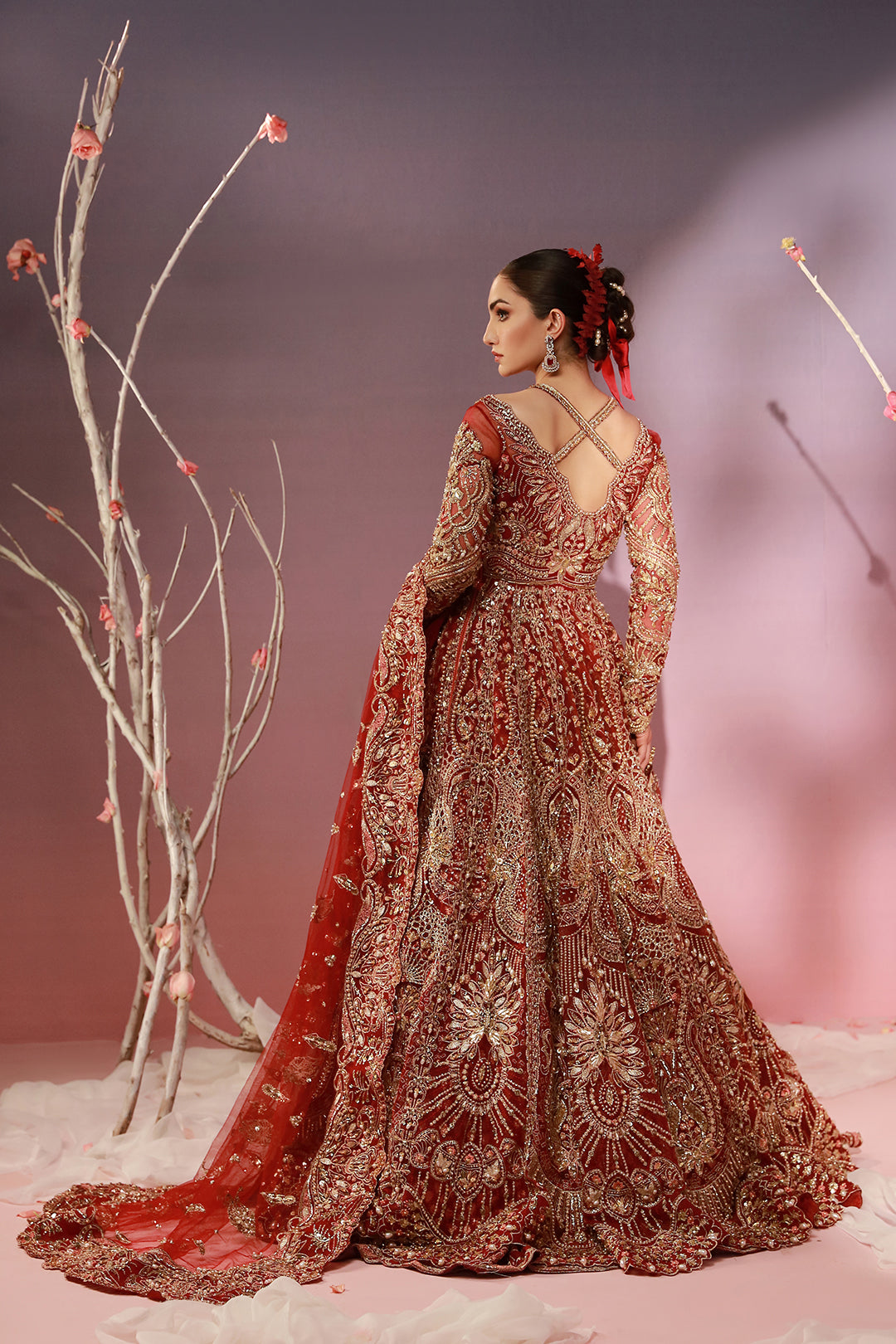 Pakistani Scarlet Red Embellished Raw Silk Bridal Lehenga (3-Piece) - Image 4