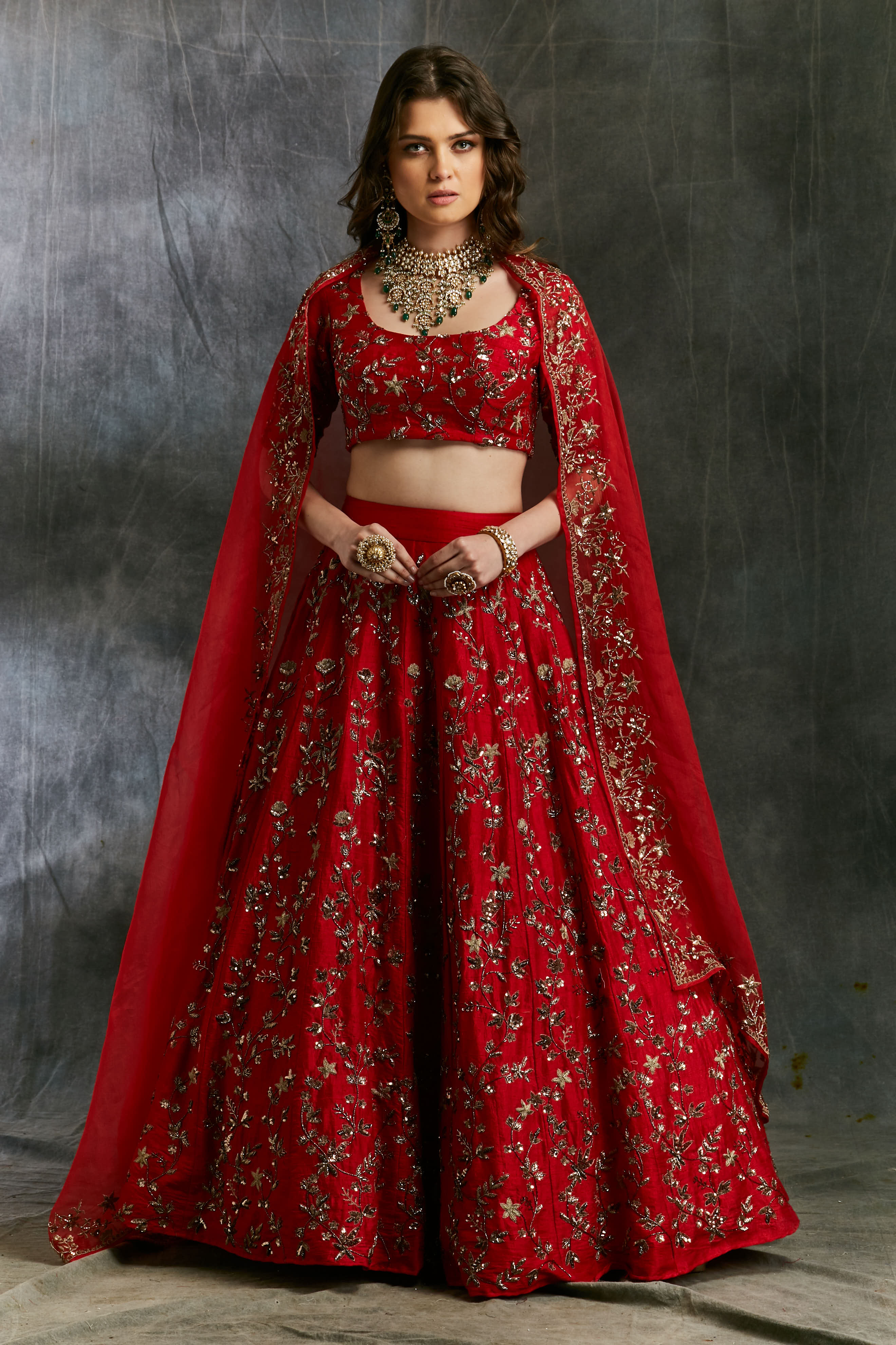 Indian Red Zari Raw Silk Lehenga Set (3-Piece) - Image 1