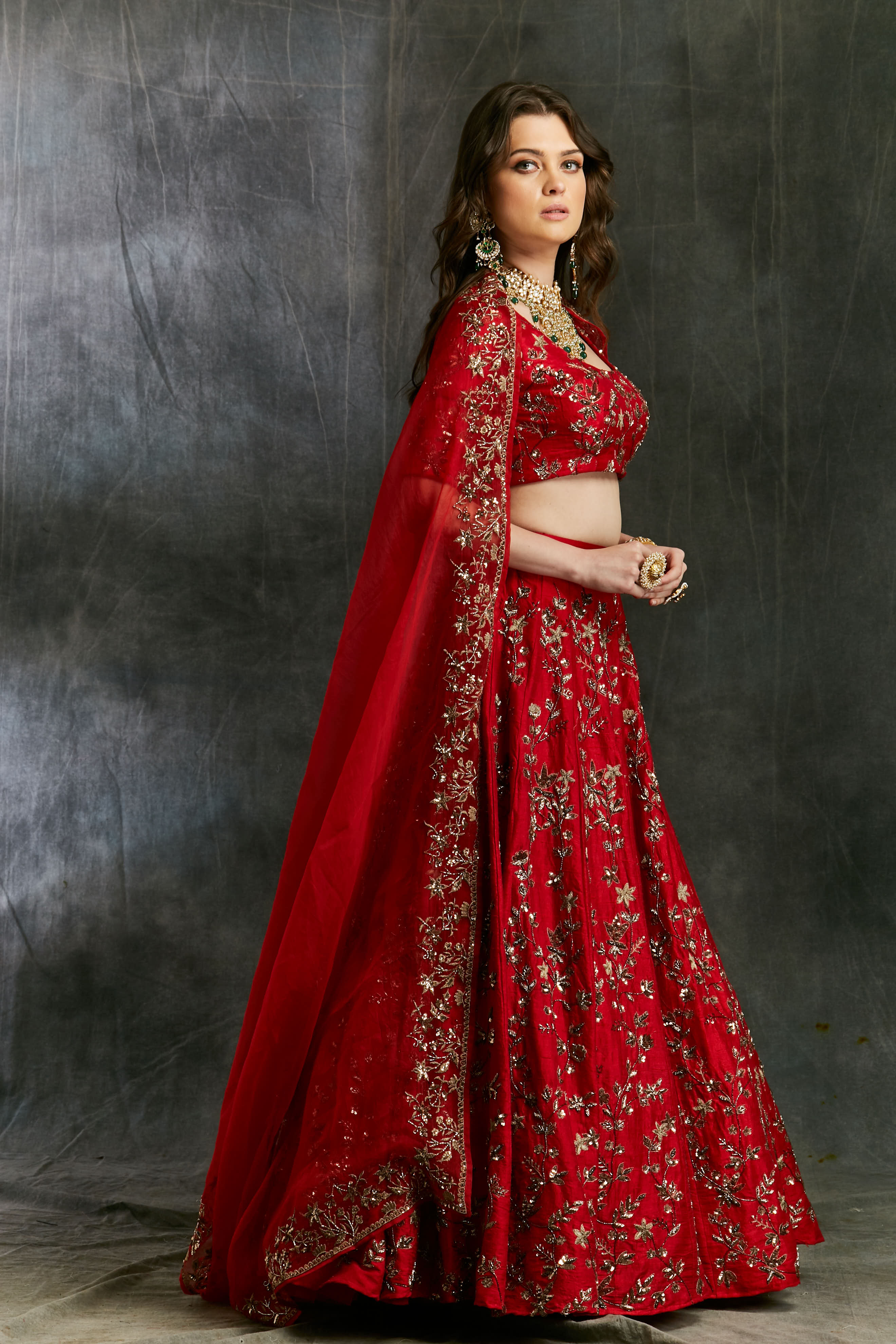 Indian Red Zari Raw Silk Lehenga Set (3-Piece) - Image 2