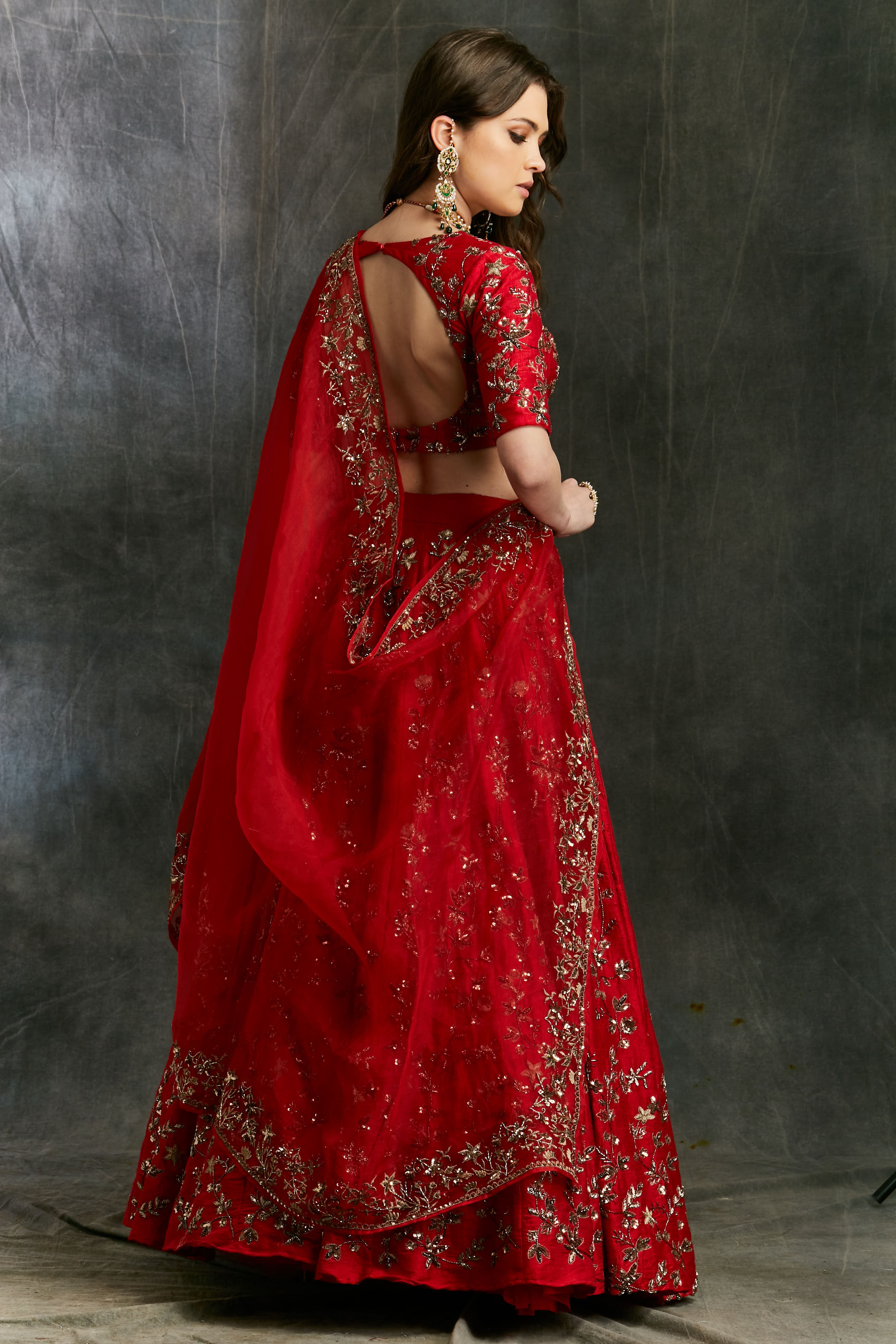 Indian Red Zari Raw Silk Lehenga Set (3-Piece) - Image 3