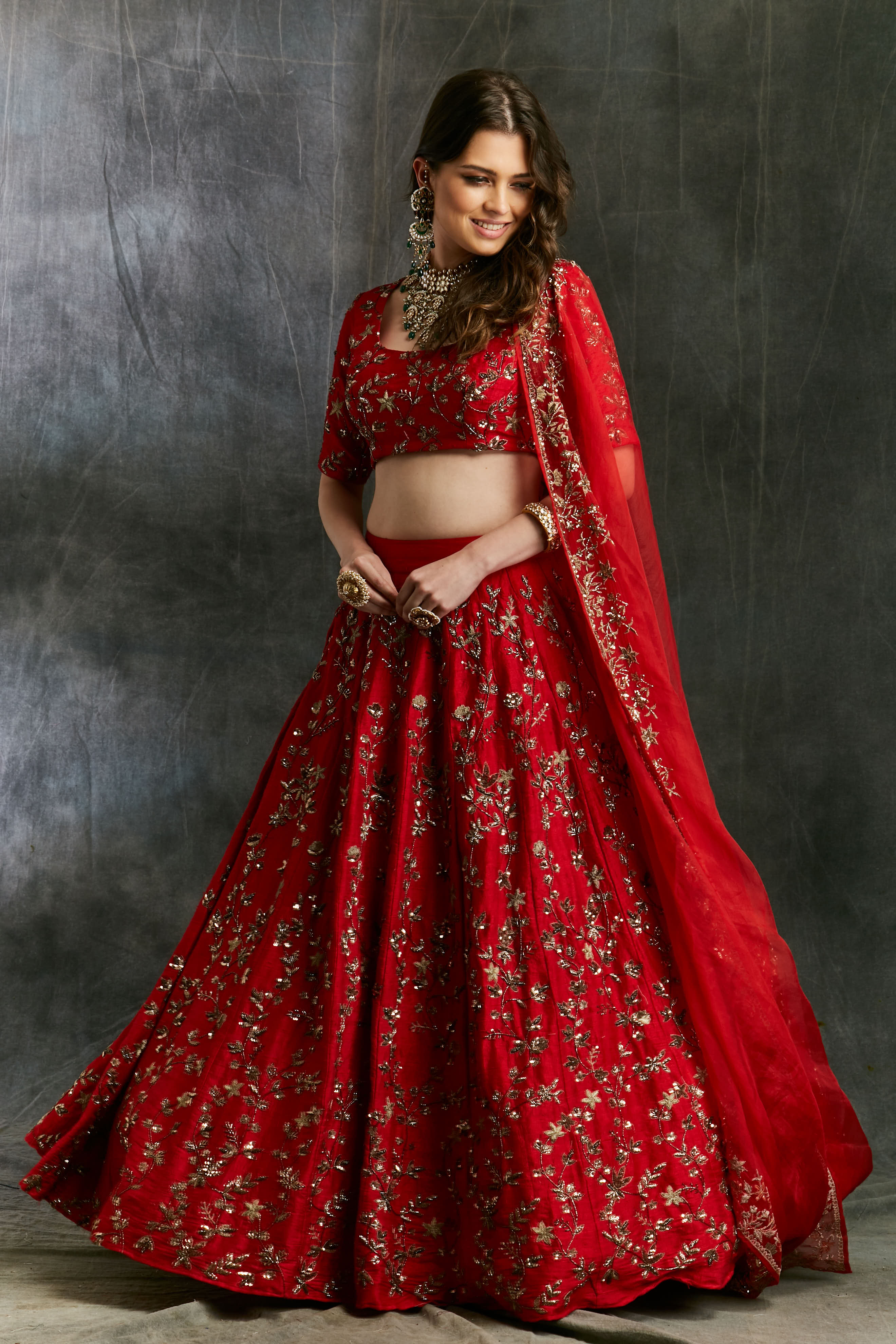 Indian Red Zari Raw Silk Lehenga Set (3-Piece) - Image 4
