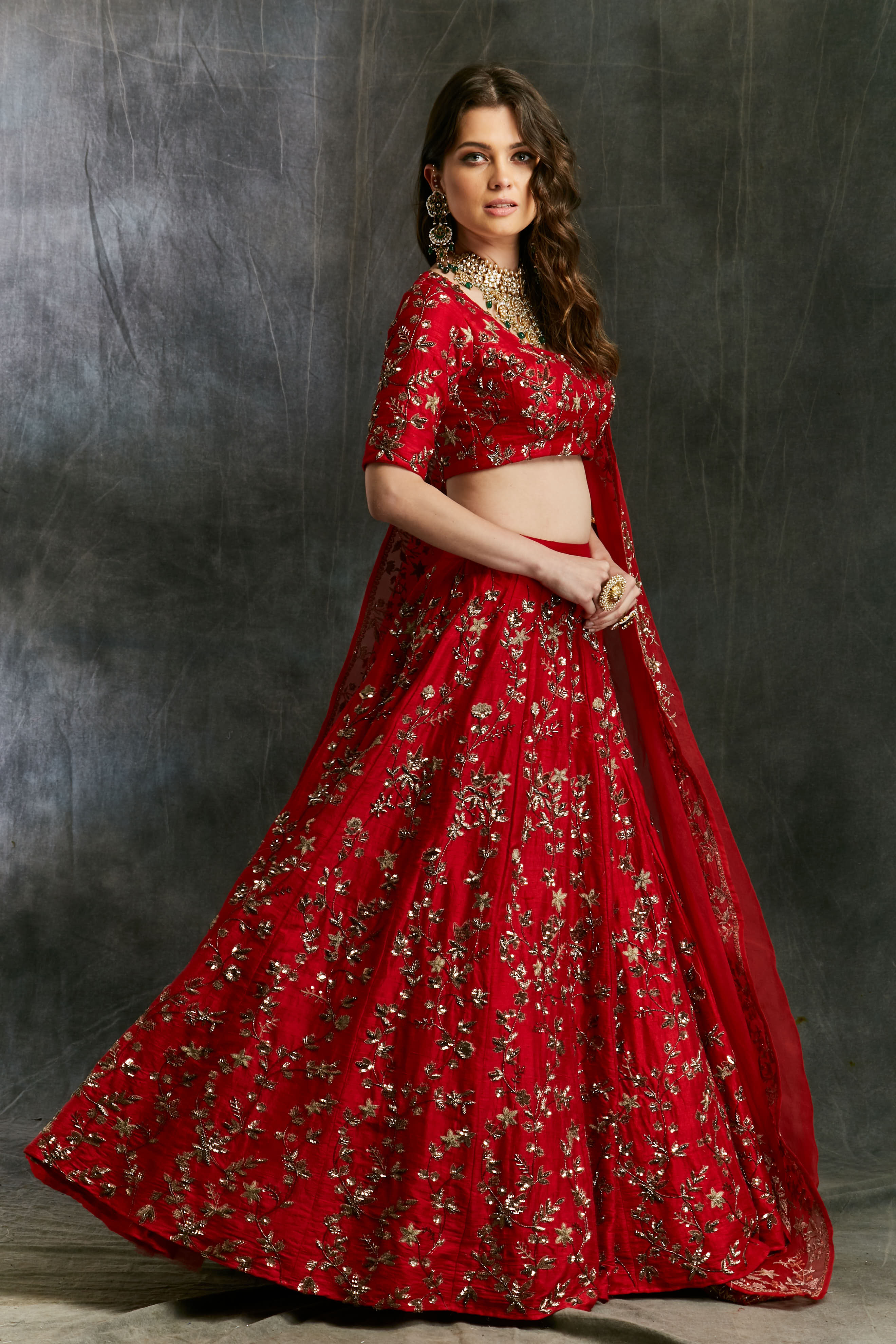 Indian Red Zari Raw Silk Lehenga Set (3-Piece) - Image 5