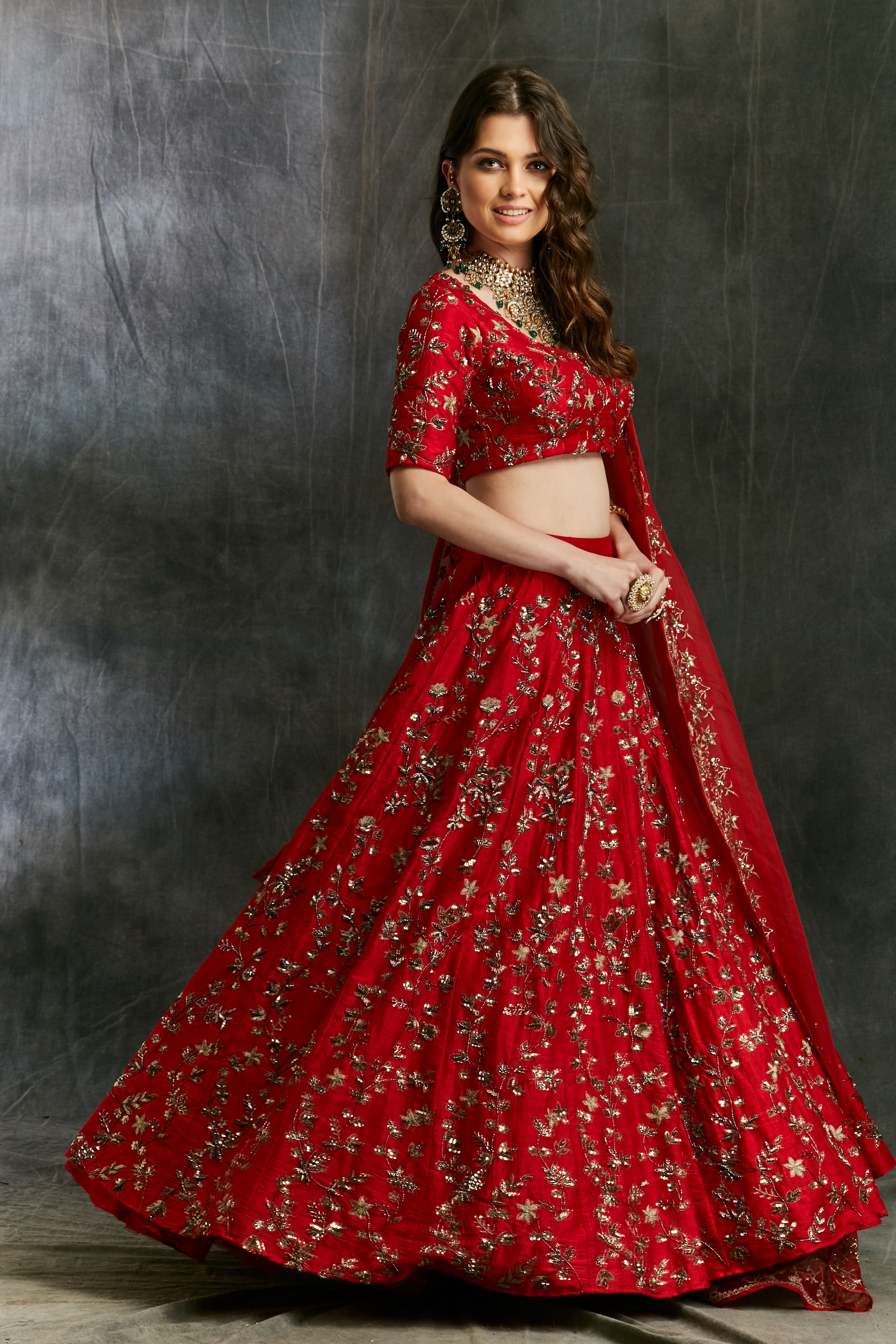 Indian Red Zari Raw Silk Lehenga Set (3-Piece) - Image 6