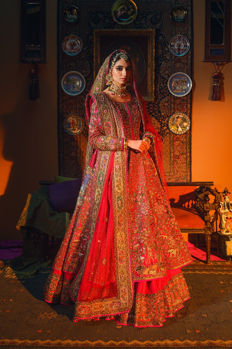 Red Embroidered Raw Silk Anarkali Lehenga (3-Piece) - Image 10