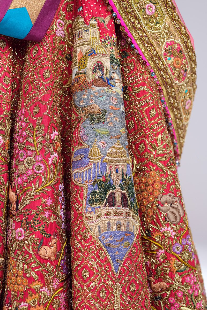 Red Embroidered Raw Silk Anarkali Lehenga (3-Piece) - Image 4