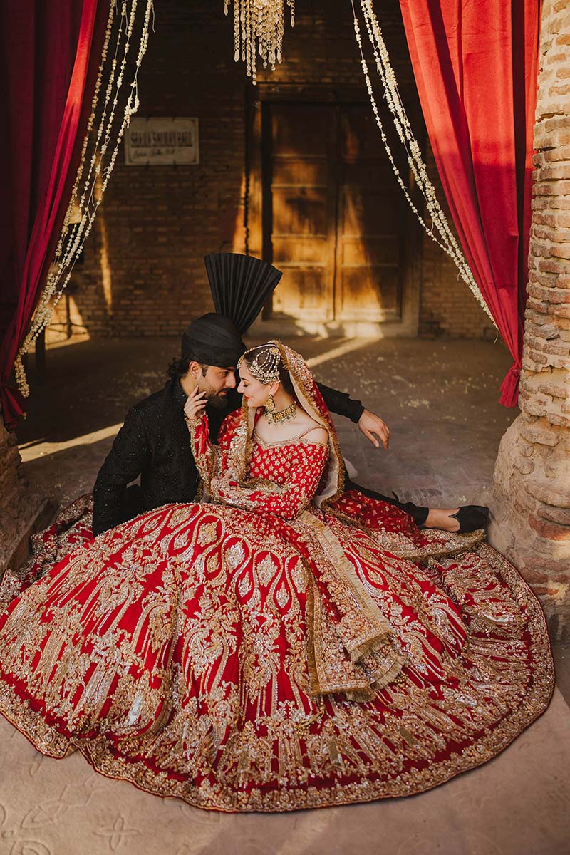 Pakistani Deep Red Embroidered Raw Silk Lehenga Choli (3-Piece) - Image 3