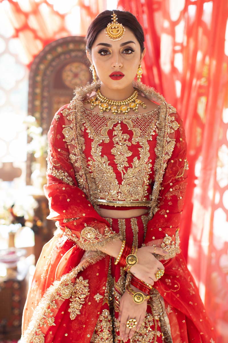 Pakistani Crimson Red Embroidered Raw Silk Bridal Lehenga (3-Piece) - Image 6