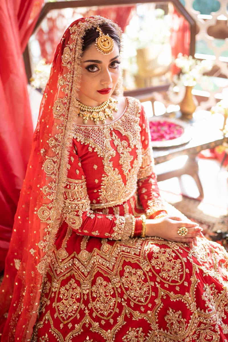 Pakistani Crimson Red Embroidered Raw Silk Bridal Lehenga (3-Piece) - Image 8